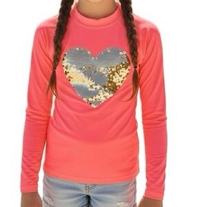 Cat & Jack Neon Coral Flip Sequin Heart Long Sleeve‎ Swim Rash Guard M 7-8 NWT